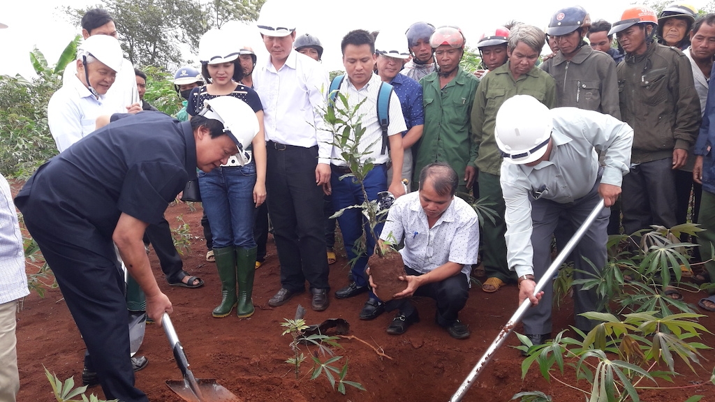 Bà con dân tộc thiểu số ở huyện Sông Hinh được hướng dẫn kỹ thuật trồng và chăm sóc cây mắc ca.