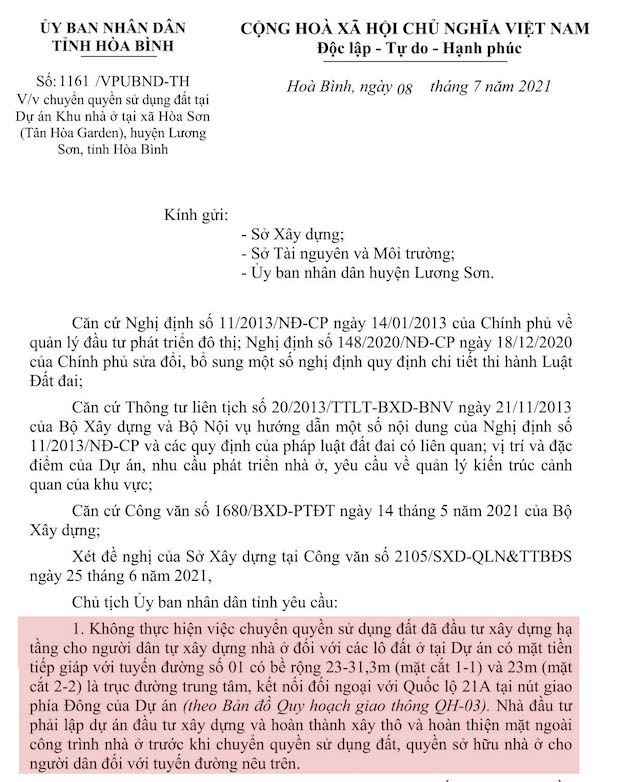 UBND tỉnh Hoà Bình yêu cầu các cơ quan, đơn vị không thực hiện việc chuyển quyền sử dụng đất đối với một số lô đất tại dự án Spring Town