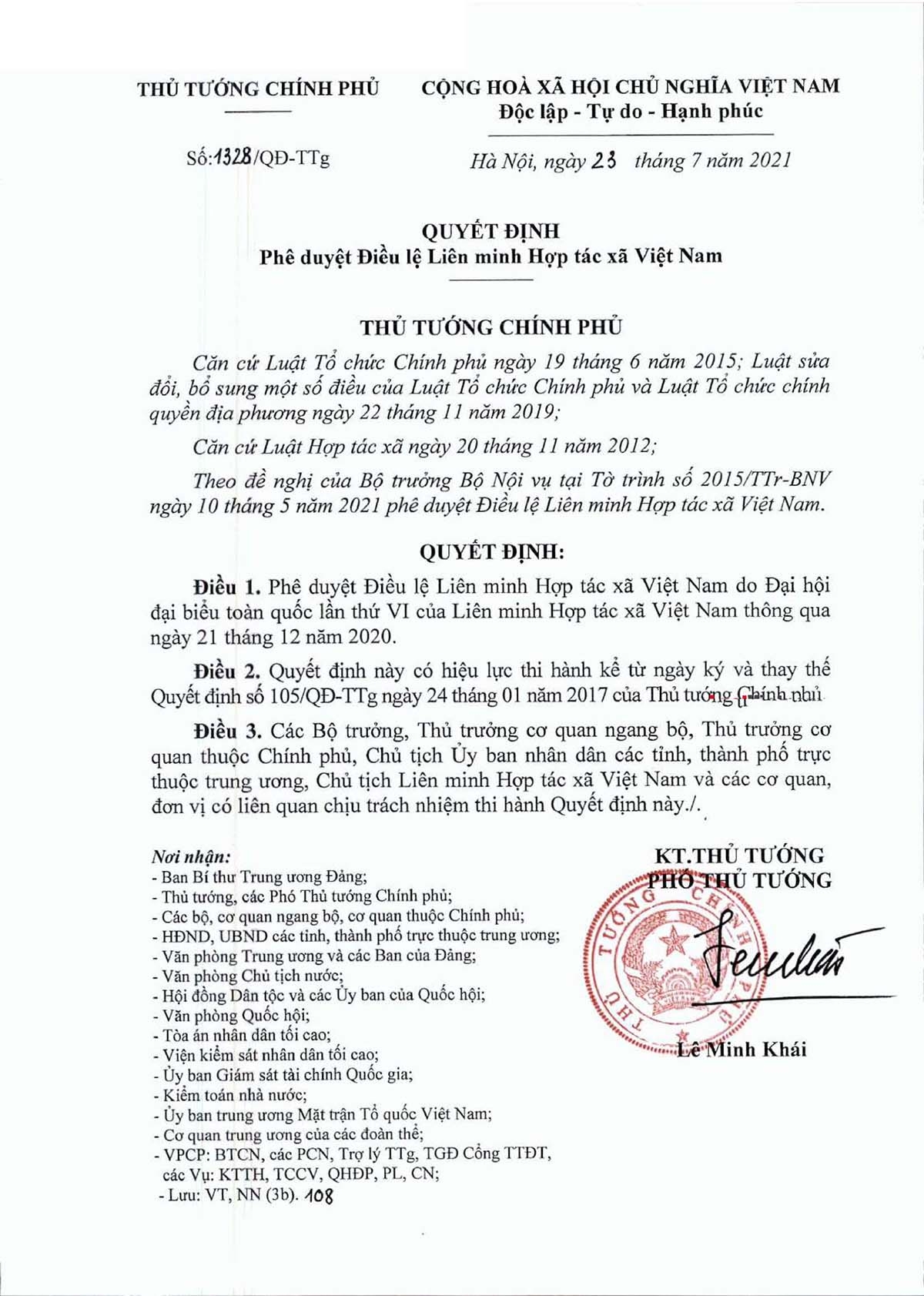 Quyết định phê duyệt Điều lệ Liên minh HTX Việt Nam.