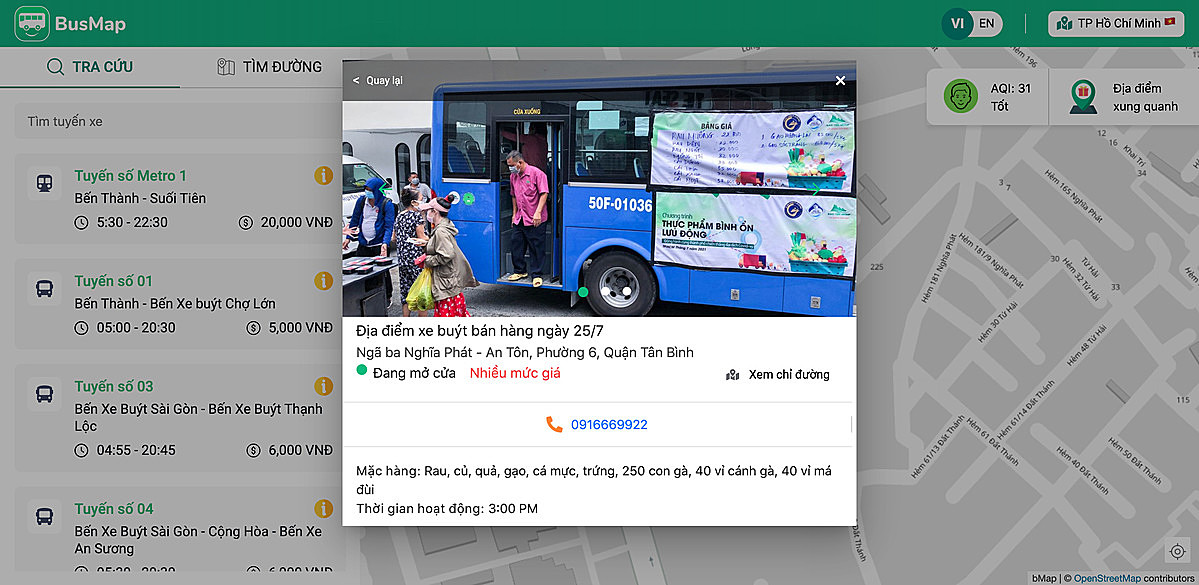 Thông tin về xe buýt bán thực phẩm được hiển thị trực quan trên ứng dụng BusMap giúp người dân thuận tiện nắm bắt thông tin và mua thực phẩm.