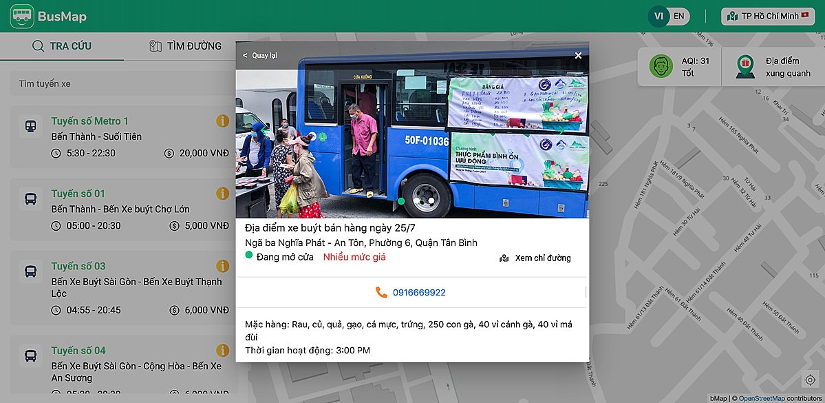 Thông tin về xe buýt bán thực phẩm được hiển thị trực quan trên ứng dụng BusMap giúp người dân thuận tiện nắm bắt thông tin và mua thực phẩm.