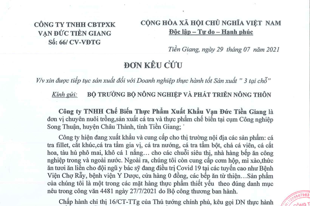 Đơn kêu cứu của DN tới Bộ trưởng Bộ NN&PTNT để xin được tiếp tục sản xuất theo phương án 3 tại chỗ.
