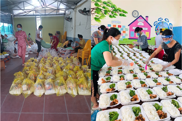 Các thầy, cô giáo trường Tiểu học Bích Sơn (Việt Yên) đang chuẩn bị những phần quà và những phần cơm chuyển đến công nhân và các khu cách ly.