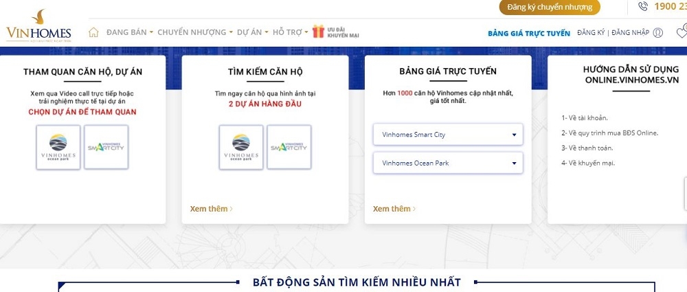Giao diện Sàn thương mại điện tử bất động sản Vinhomes Online.