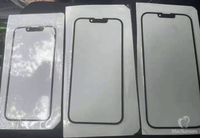 Bức ảnh chụp một số miếng bảo vệ kính cho màn hình của các mẫu iPhone 13 khác nhau.