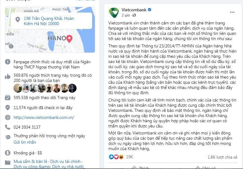 Ảnh chụp màn hình Fanpage Vietcombank.