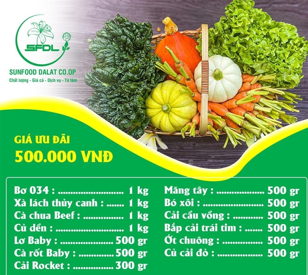 Một thực đơn nông sản được HTX nông nghiệp Sunfood Đà Lạt chuẩn bị sẵn để khách hàng có thể lựa chọn.