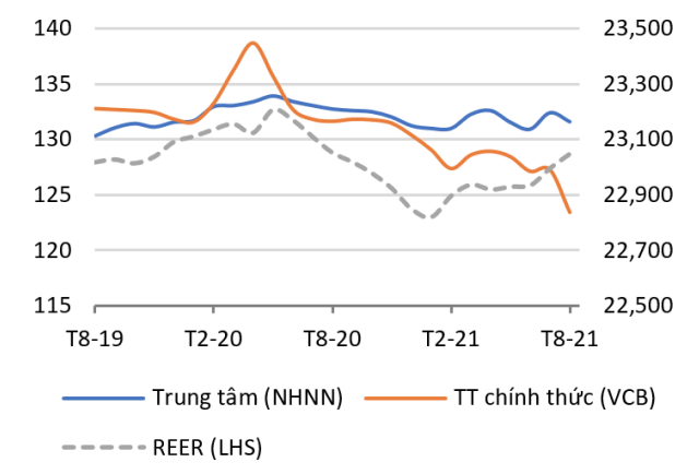 Tỷ giá hữu hiệu thực (REER) tăng nghĩa là đồng tiền tăng giá thực, trong khi tỷ giá danh nghĩa (tỷ giá thị trường và tỷ giá trung tâm) giảm thể hiện đồng tiền tăng giá danh nghĩa.