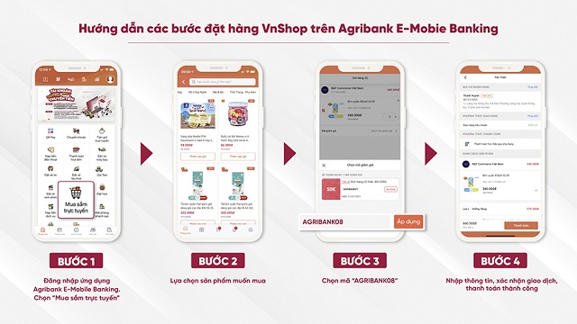 Các bước đặt hàng VnShop trên Agribank E-Mobile Banking