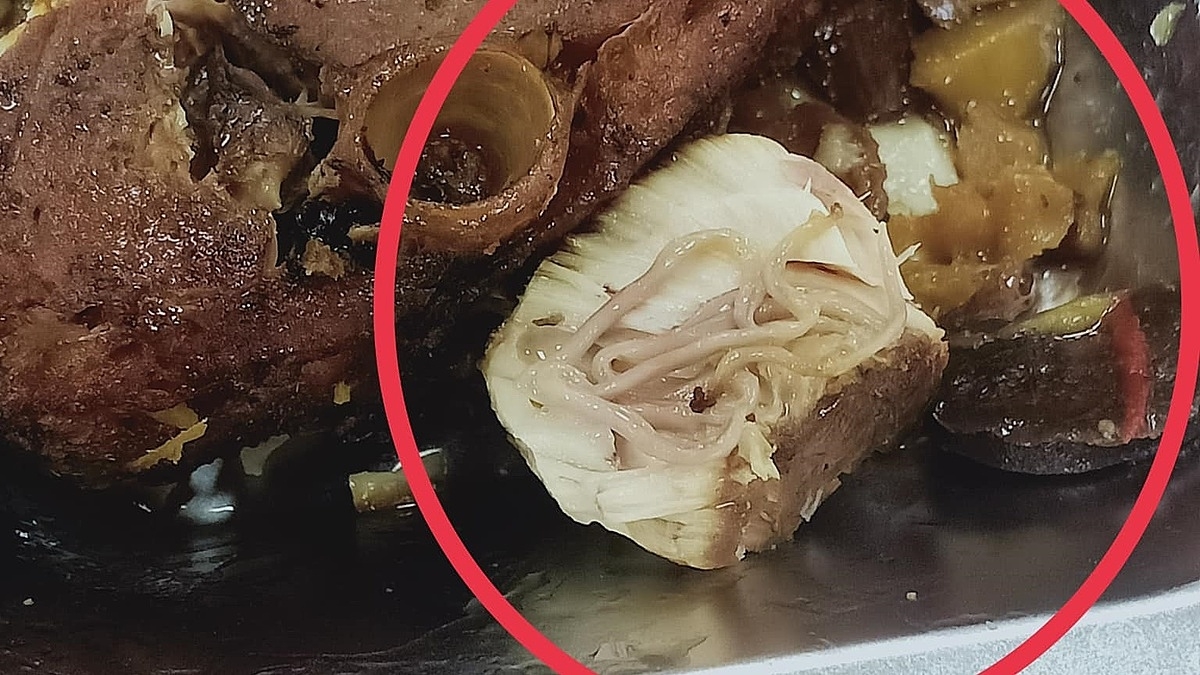 Hình ảnh được cho là miếng cá kho nghi có sán được công nhân chia sẻ trên mạng xã hội.