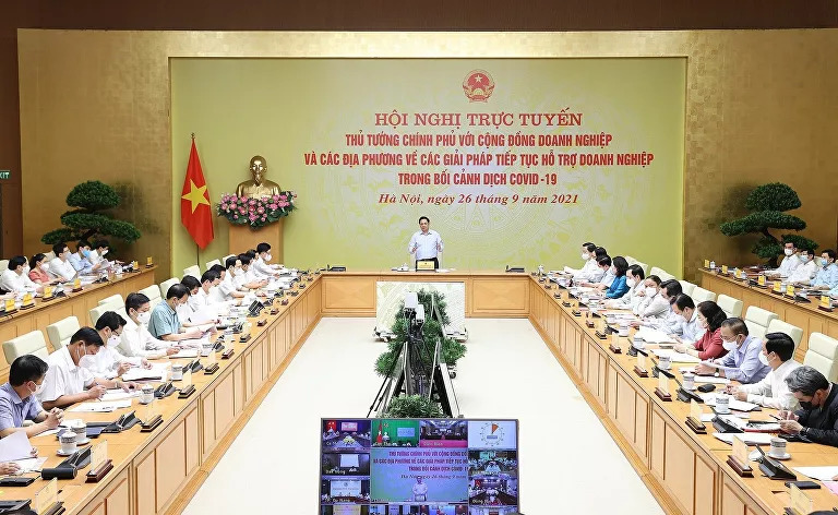 Thủ tướng Phạm Minh Chính chủ trì Hội nghị bàn giải pháp hỗ trợ doanh nghiệp trong bối cảnh dịch COVID-19.