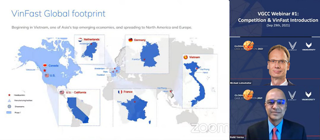 GS. Rohit Verma, Hiệu trưởng Trường Đại học VinUni và ông Michael Lohscheller, CEO VinFast toàn cầu chia sẻ với các bạn sinh viên về chủ đề của mùa giải đầu tiên “VinFast – Go Global” trong buổi Webinar giới thiệu về cuộc thi.
