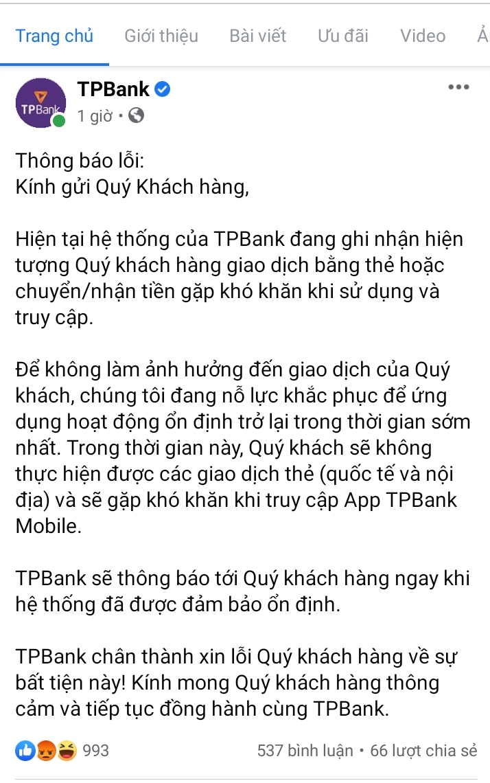 TPBank vừa thông tin về sự cố trên fanpage.