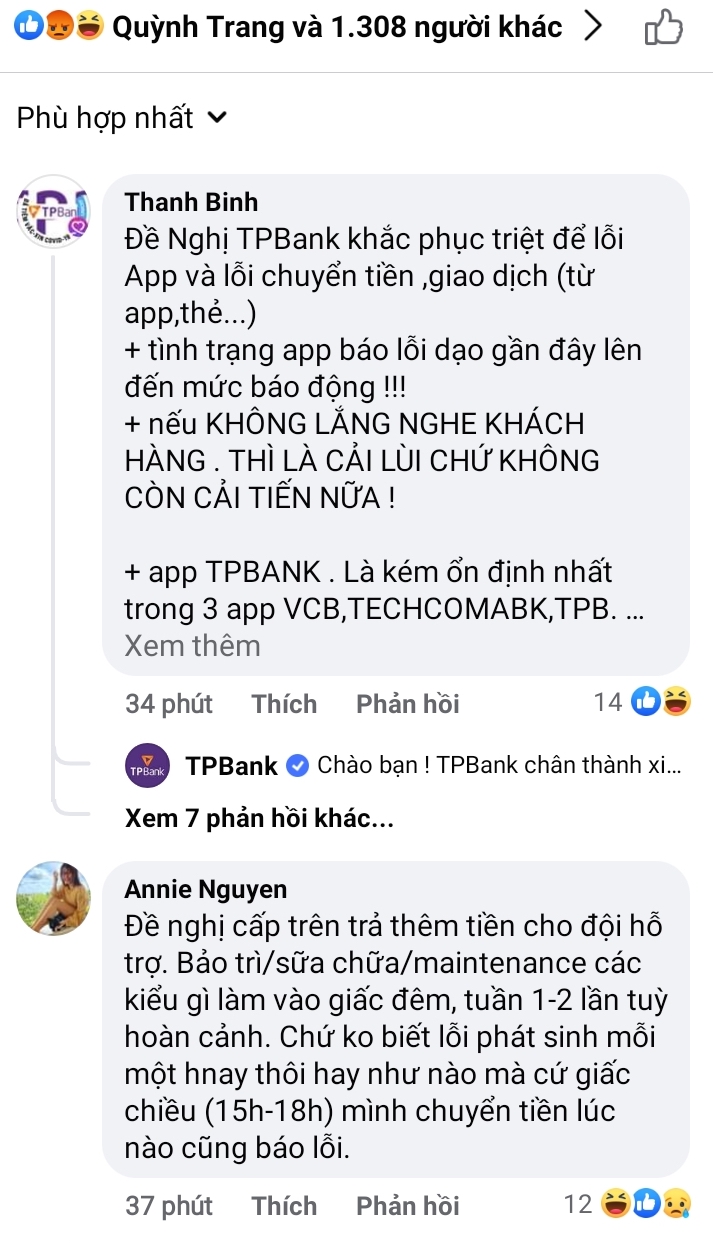 Nhiều khách hàng bảy tỏ bức xúc trên fanpage của TPBank.