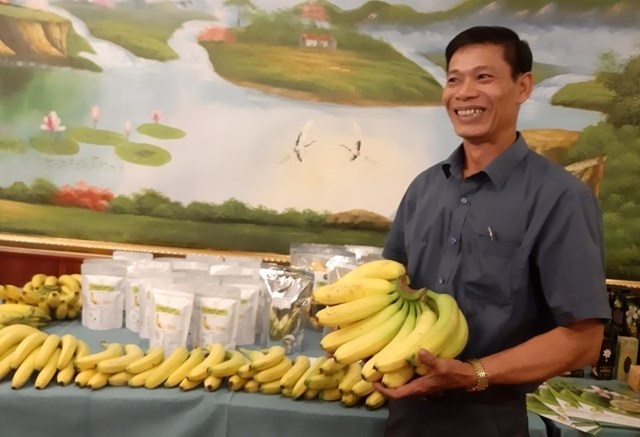 Ông Lý Minh Hùng, Giám đốc HTX giới thiệu sản phẩm chuối hữu cơ và chuối sấy.