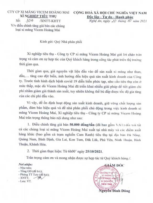 Văn bản tăng giá xi măng khiến các doanh nghiệp, nhà thầu xây dựng gặp khó khăn trong bối cảnh dịch bệnh Covid-19 còn diễn biến khó lường.