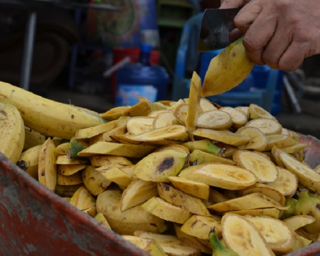 Chuối chín được cắt nhỏ trước khi ủ cùng các loại quả khác để tạo phân bón.