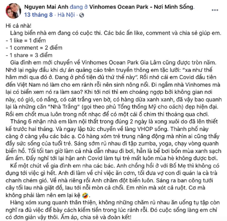 “Thành phố này càng ở càng yêu” – chị Mai Anh chia sẻ trên trang cá nhân về cuộc sống tại Vinhomes Ocean Park.