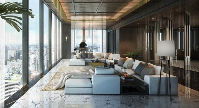 Phòng khách sang trọng, rộng rãi với sàn đá cẩm thạch cùng những khung cửa kính cỡ lớn đem ánh sáng tự nhiên và view trọn khung cảnh đô thị Singapore.