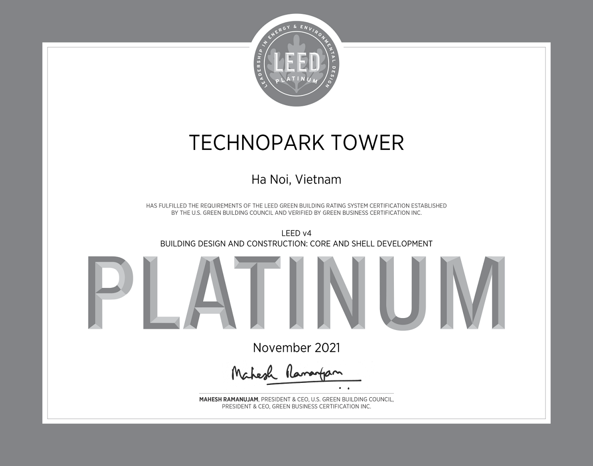 Bằng chứng nhận TechnoPark Tower đạt chứng chỉ LEED Platinum V4 – Phiên bản khó đạt nhất từ trước đến nay của LEED.