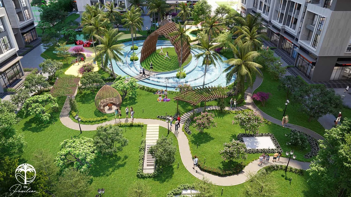 Vườn nhiệt đới Botanic Garden phủ xanh tòa P1 - The Pavilion trong khu đô thị Vinhomes Ocean Park.