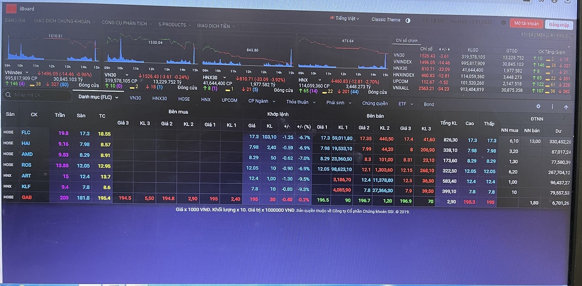 Cổ phiếu họ FLC giảm sàn hàng loạt trong phiên ngày 13/1. (Ảnh chụp màn hình)
