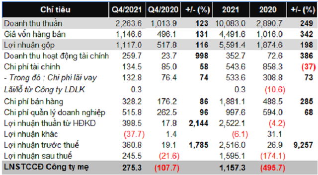 Kết quả kinh doanh năm 2021 của Đất Xanh. (Nguồn: BCTC hợp nhất quý 4/2021 của Đất Xanh).