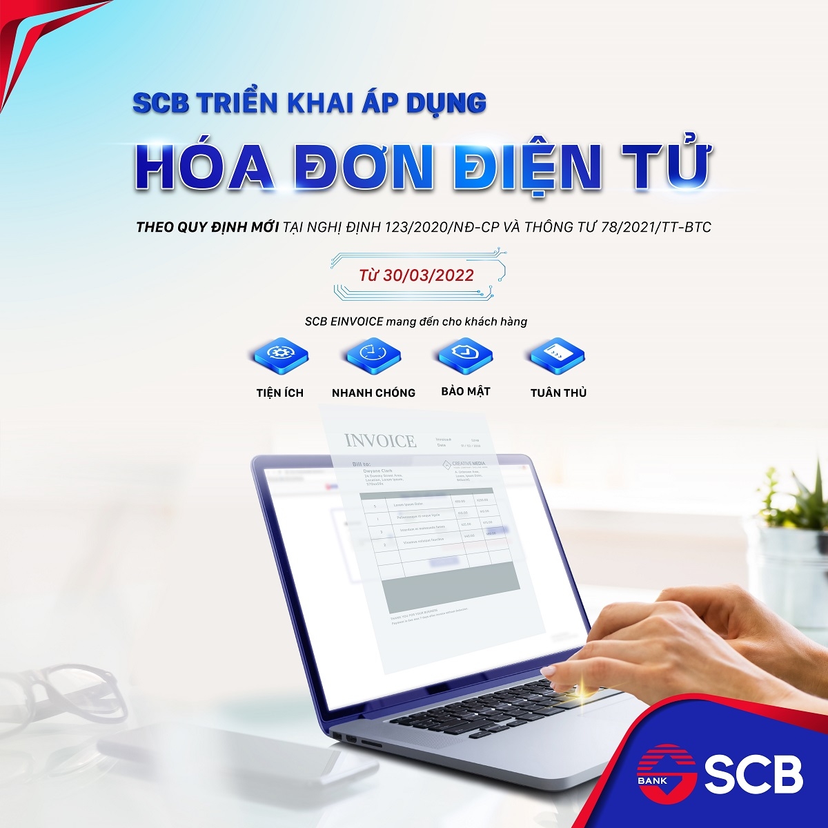 SCB chuyển đổi áp dụng hóa đơn điện tử theo nghị định 123/2020/NĐ-CP.