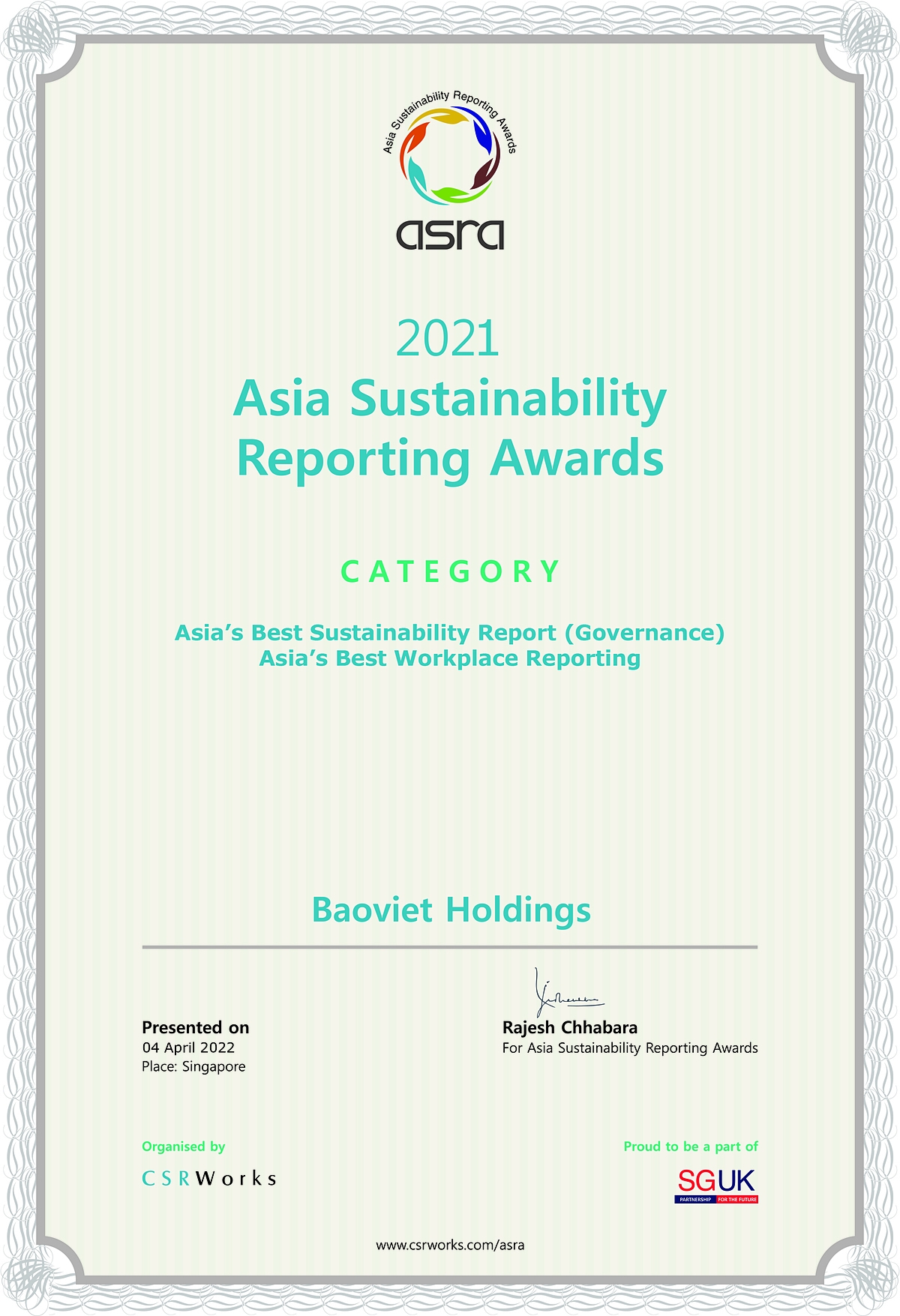 6 lần liên tiếp Bảo Việt được vinh danh tại Lễ trao giải Báo cáo Phát triển bền vững Châu Á (ASRA).