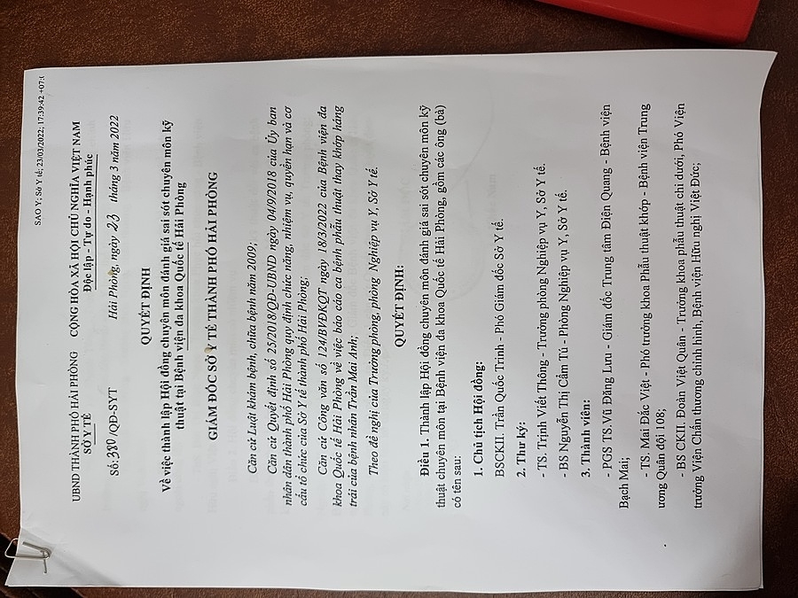 Quyết định của Sở Y tế Hải Phòng thành lập Hội đồng chuyên môn đánh giá kíp mổ.