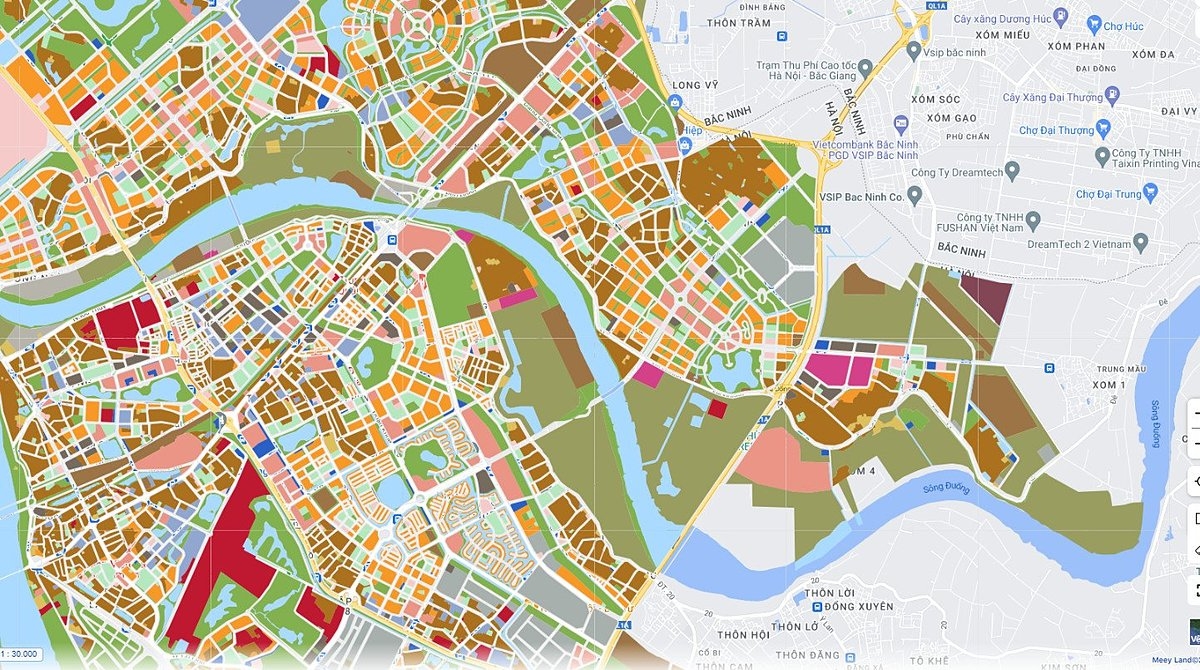 Hình ảnh dữ liệu thông tin quy hoạch phân khu sông Đuống hiển thị trên Meey Map.