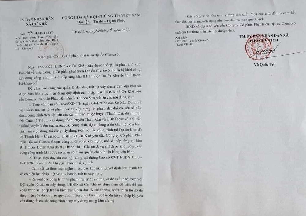 Văn bản yêu cầu tạm dừng khởi công của UBND xã Cự Khê gửi Công ty CP phát triển địa ốc Cienco 5.
