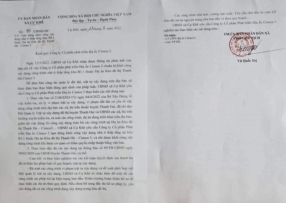Văn bản yêu cầu tạm dừng khởi công của UBND xã Cự Khê gửi Công ty CP phát triển địa ốc Cienco 5.