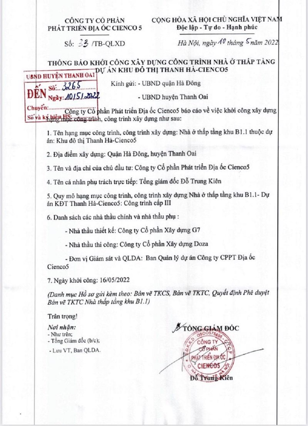 Văn bản được các môi giới giới thiệu về thông báo khởi công.