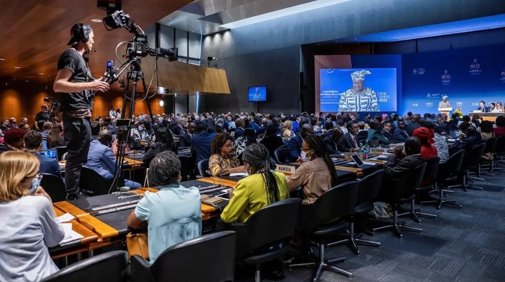 Toàn cảnh căn phòng trong bài phát biểu của Tổng Giám đốc Tổ chức Thương mại Thế giới (WTO) Ngozi Okonjo-Iweala tại lễ khai mạc Hội nghị Bộ trưởng lần thứ 12 (MC12), tại Tổ chức Thương mại Thế giới, ở Geneva, Thụy Sĩ, ngày 12 tháng 6 năm 2022. (Reuters)