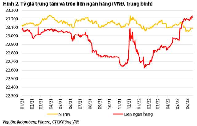 Thống kê tỷ giá trung tâm và trên liên ngân hàng của VDSC từ năm 2021 đến tháng 6/2022