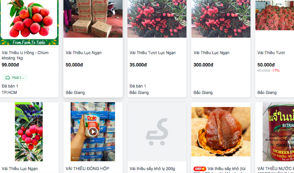 Các sản phẩm vải thiều tràn ngập trên sàn thương mại điện tử.