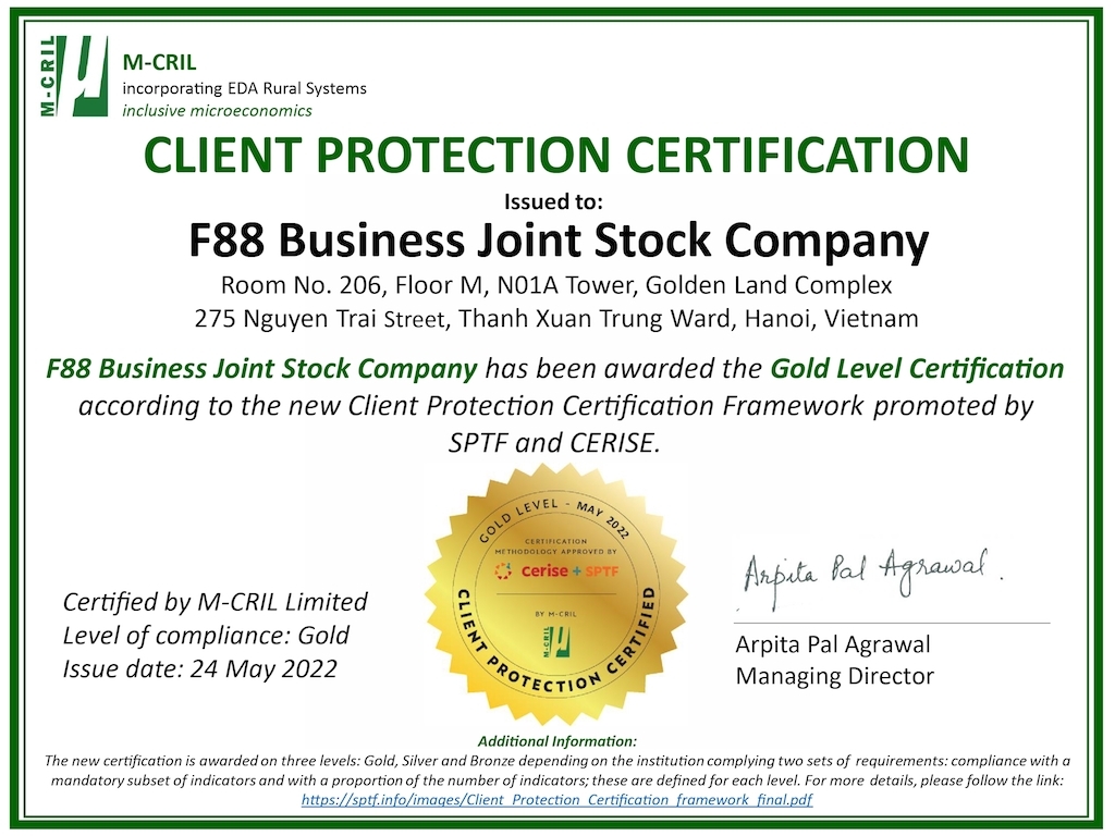 F88 là tổ chức tài chính vi mô duy nhất của Việt Nam được nhận chứng chỉ vàng về bảo vệ khách hàng.