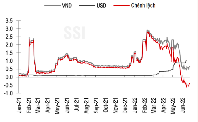 Chênh lệch lãi suất VND - USD kỳ hạn qua đêm (đường màu đỏ) đã giảm xuống mức âm, gây áp lực lên tỷ giá (nguồn: SSI)