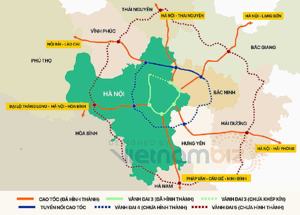 Sơ đồ vành đai 4 kết nối các cao tốc hướng tâm.