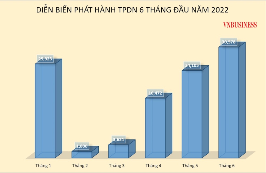 Khối lượng phát hành trái phiếu doanh nghiệp đã tăng trở lại trong tháng 5 và tháng 6/2022. (Đơn vị: tỷ đồng)