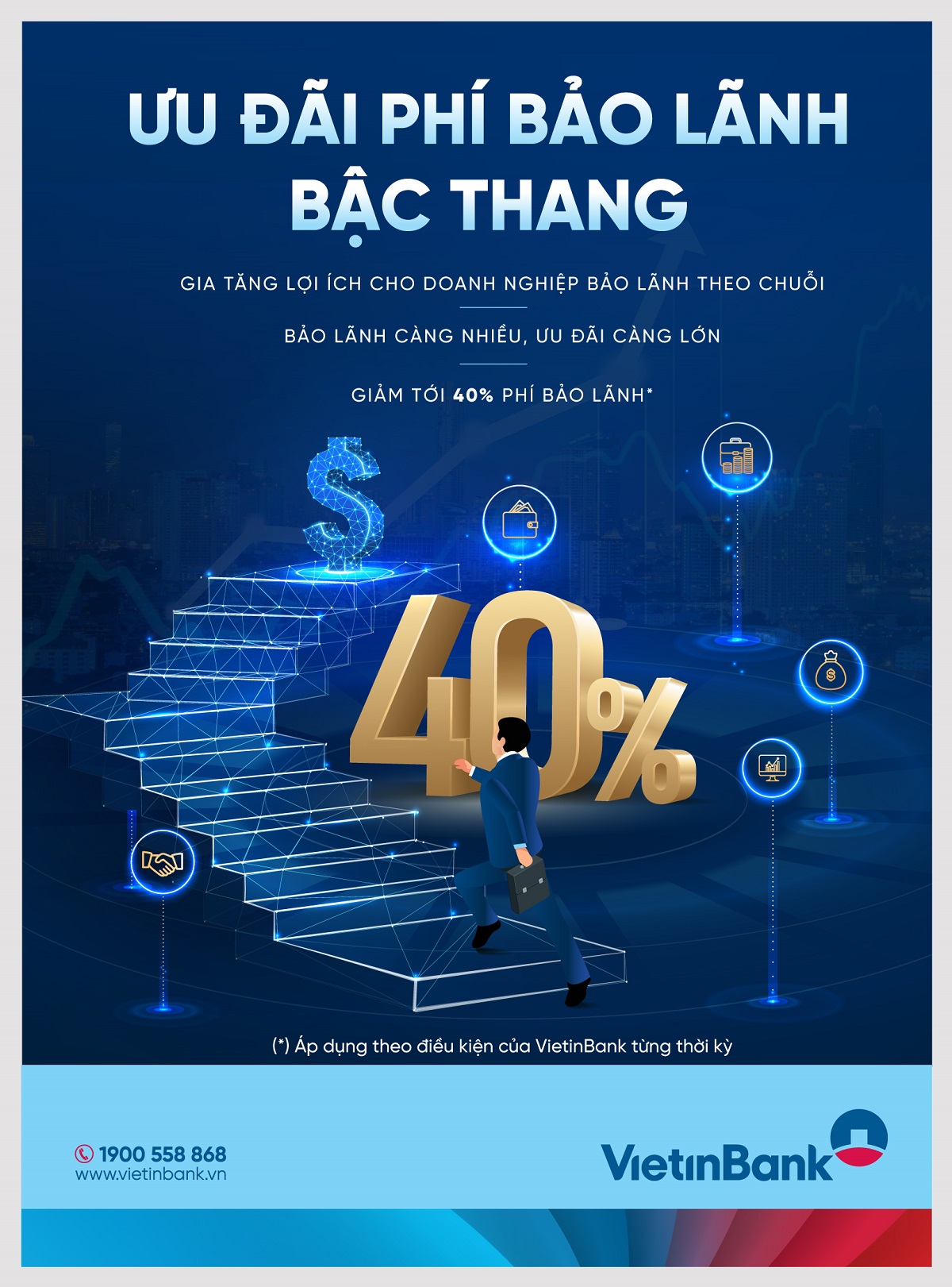 VietinBank triển khai Chương trình ưu đãi phí bảo lãnh bậc thang với mức ưu đãi lên đến 40% (*) phí bảo lãnh dành cho doanh nghiệp.