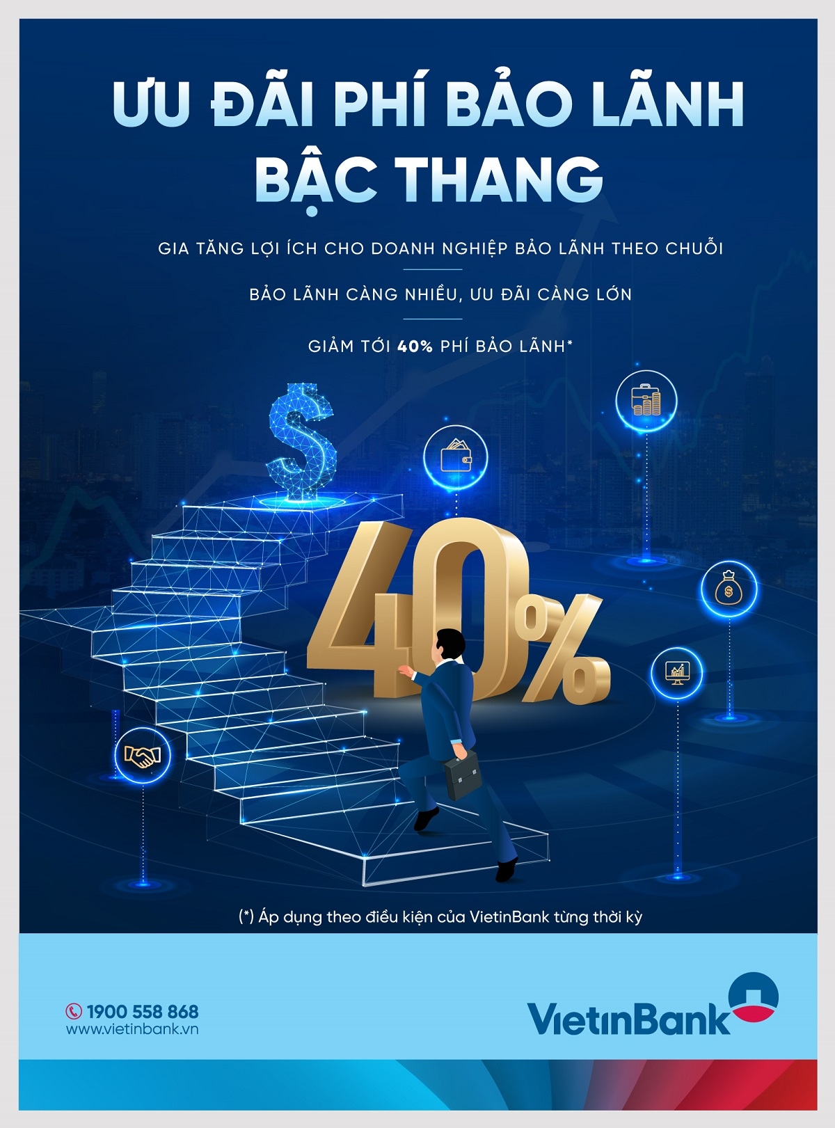 VietinBank triển khai Chương trình ưu đãi phí bảo lãnh bậc thang với mức ưu đãi lên đến 40% (*) phí bảo lãnh dành cho doanh nghiệp.