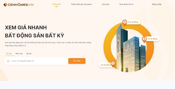 Giao diện hiện đại, dễ sử dụng của tính năng xem giá BĐS trên Cenhomes.vn