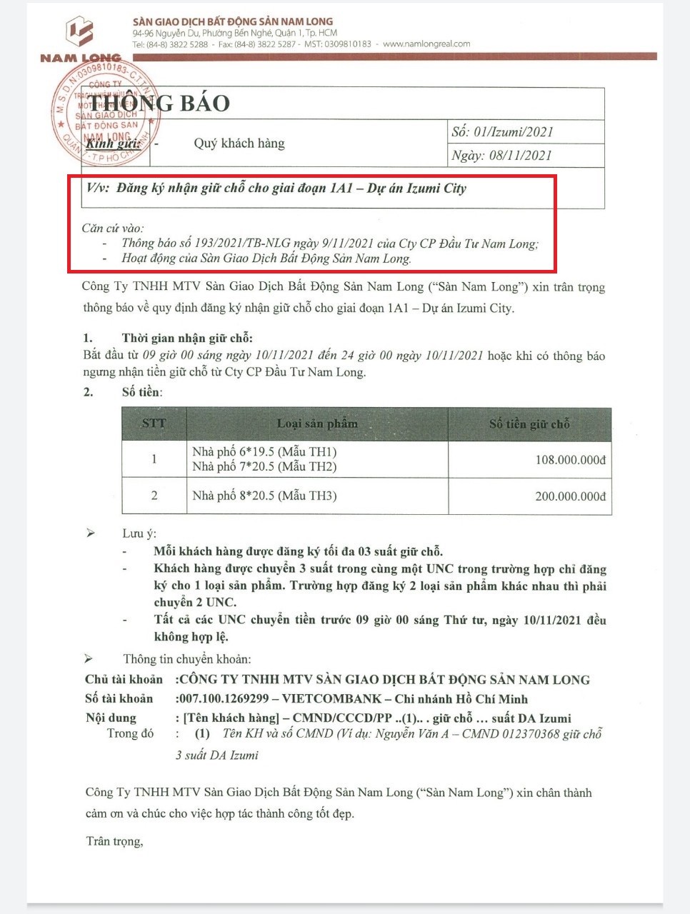 Từ cuối năm 2021, Nam Long Group ra thông báo nhận đặt cọc dự án Izumi City.