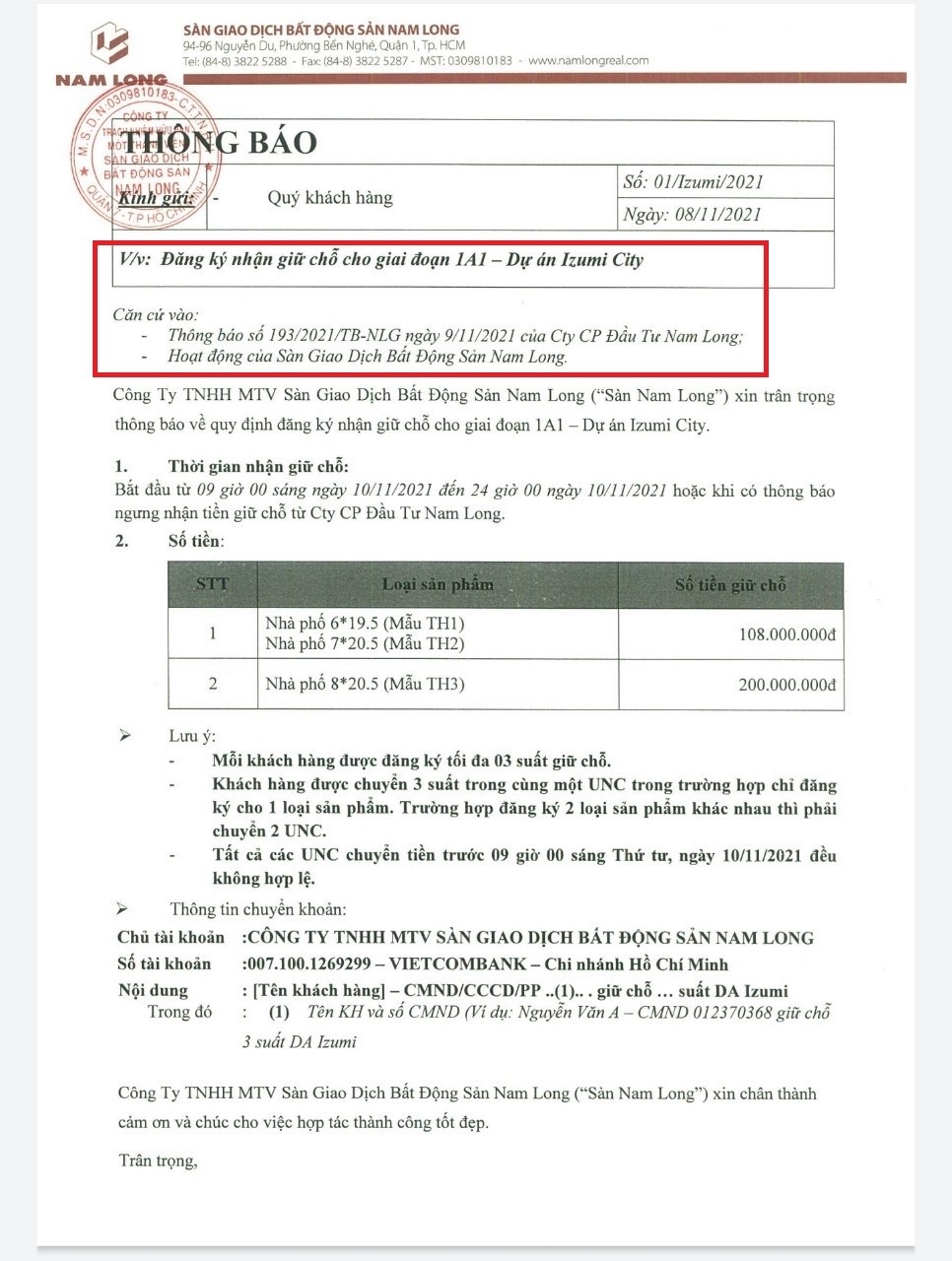 Từ cuối năm 2021, Nam Long Group ra thông báo nhận đặt cọc dự án Izumi City.