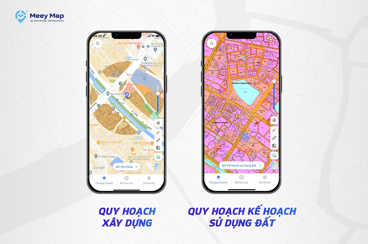 Giao diện quy hoạch xây dựng và quy hoạch kế hoạch sử dụng đất hiển thị trên Meey Map app.