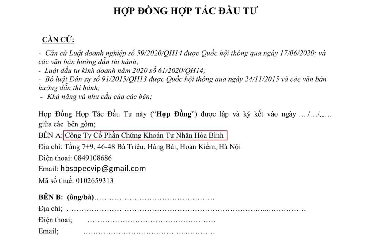 Hợp đồng cố tình mạo danh HBS bằng việc lập lờ ghi “bên A” là “Công ty Cổ phần Chứng khoán Tư nhân Hòa Bình”.