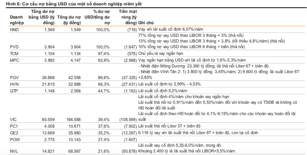 Cơ cấu nợ bằng USD của một số doanh nghiệp niêm yết theo thống kê của VnDirect