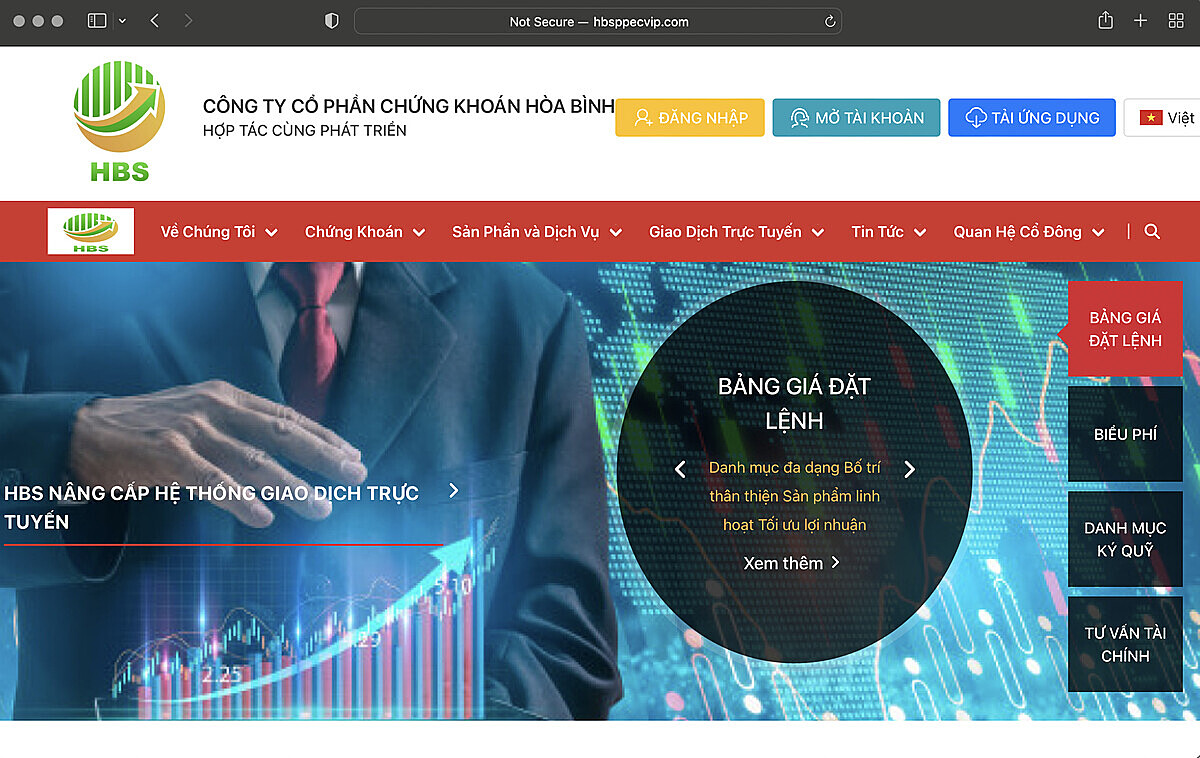 Ảnh chụp màn hình website http://www.hbsppecvip.com/home tự đặt tên là Công ty Cổ phần Chứng khoán Hoà Bình.